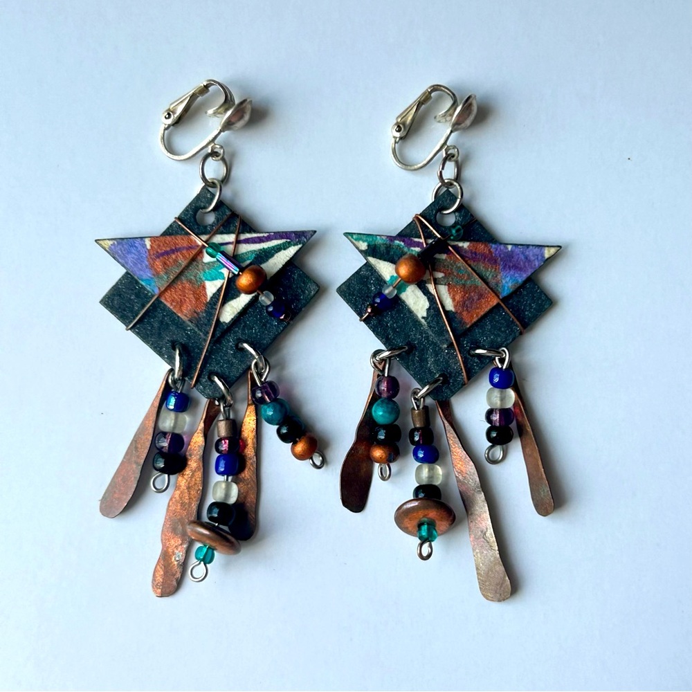 Vintage 1980s Artistic Multicolor Dangle Clip On Earrings Geometric Beaded Shape
